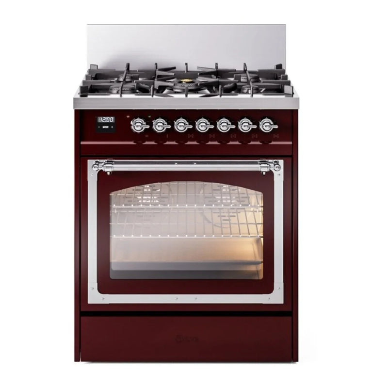 ILVE Nostalgie II Noblesse 30" Dual Fuel Freestanding Range in Burgundy with Chrome Trim, UN30NMPBUCLP
