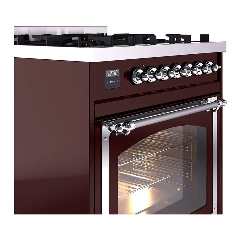 ILVE Nostalgie II Noblesse 30" Dual Fuel Freestanding Range in Burgundy with Chrome Trim, UN30NMPBUCLP