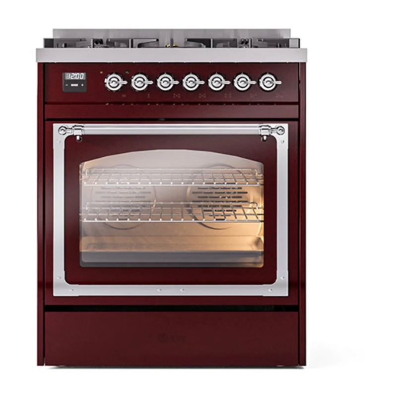 ILVE Nostalgie II Noblesse 30" Dual Fuel Freestanding Range in Burgundy with Chrome Trim, UN30NMPBUC