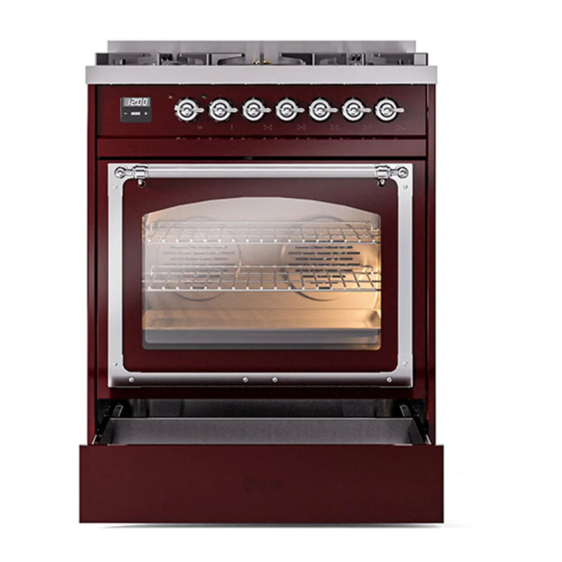 ILVE Nostalgie II Noblesse 30" Dual Fuel Freestanding Range in Burgundy with Chrome Trim, UN30NMPBUC