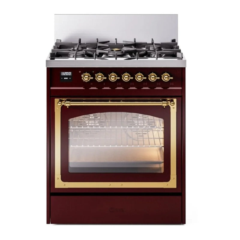 ILVE Nostalgie II Noblesse 30" Dual Fuel Freestanding Range in Burgundy with Brass Trim, UN30NMPBUGLP
