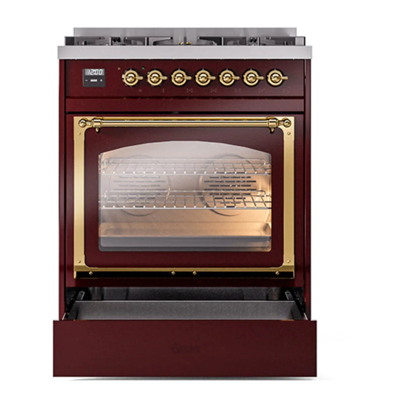 ILVE Nostalgie II Noblesse 30" Dual Fuel Freestanding Range in Burgundy with Brass Trim, UN30NMPBUGLP