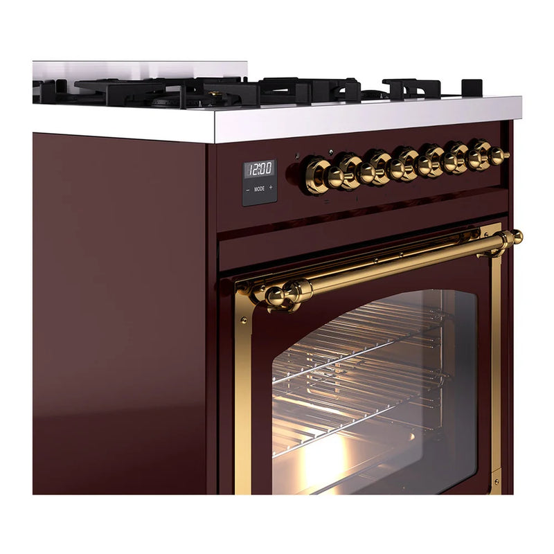 ILVE Nostalgie II Noblesse 30" Dual Fuel Freestanding Range in Burgundy with Brass Trim, UN30NMPBUGLP