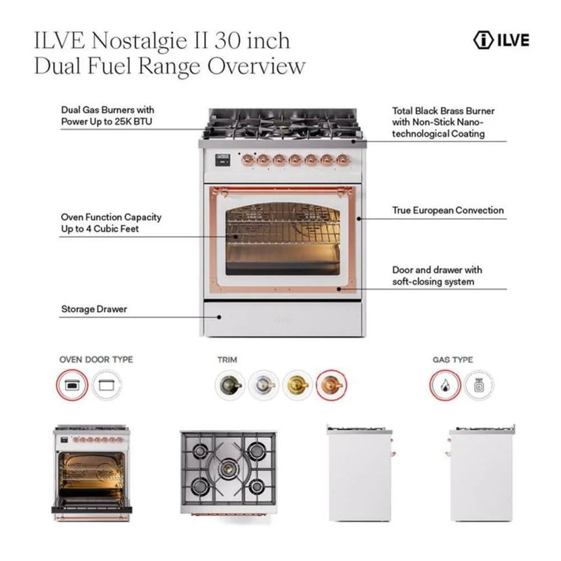 ILVE Nostalgie II Noblesse 30" Dual Fuel Freestanding Range in Burgundy with Brass Trim, UN30NMPBUG