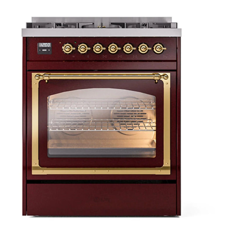 ILVE Nostalgie II Noblesse 30" Dual Fuel Freestanding Range in Burgundy with Brass Trim, UN30NMPBUG