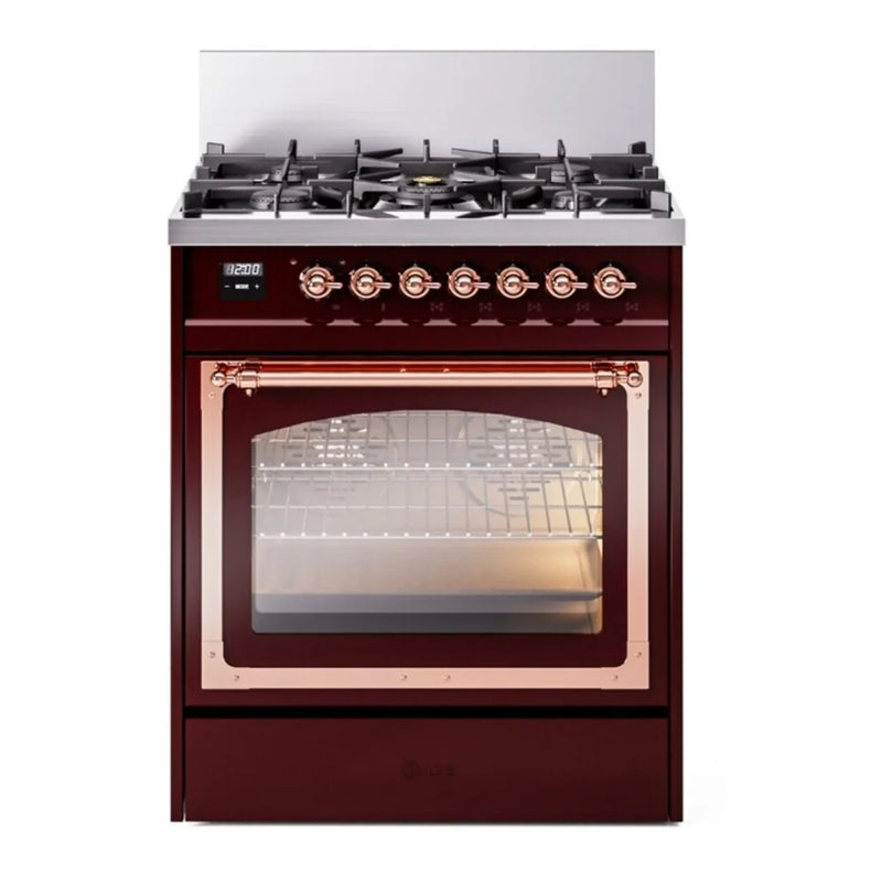 ILVE Nostalgie II Noblesse 30" Dual Fuel Freestanding Range in Burgundy with Copper Trim, UN30NMPBUP