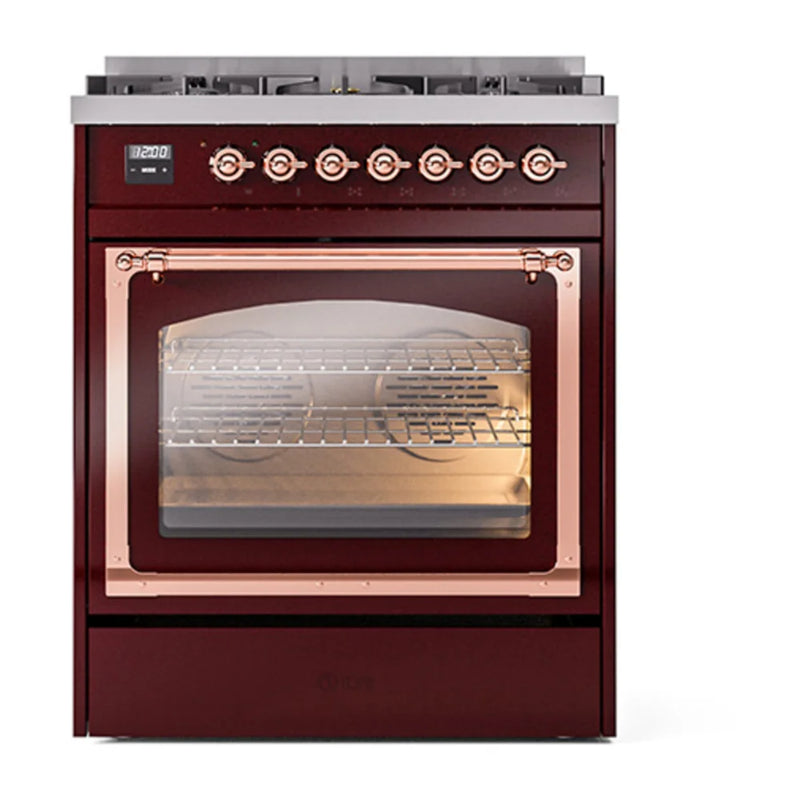 ILVE Nostalgie II Noblesse 30" Dual Fuel Freestanding Range in Burgundy with Copper Trim, UN30NMPBUP
