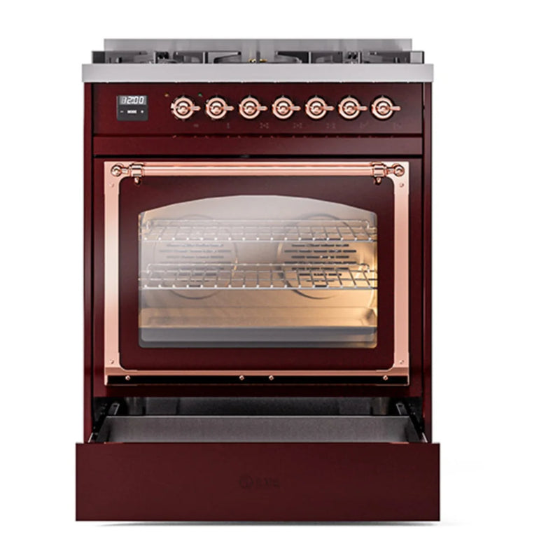 ILVE Nostalgie II Noblesse 30" Dual Fuel Freestanding Range in Burgundy with Copper Trim, UN30NMPBUP