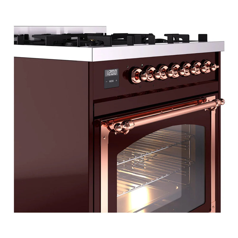 ILVE Nostalgie II Noblesse 30" Dual Fuel Freestanding Range in Burgundy with Copper Trim, UN30NMPBUP