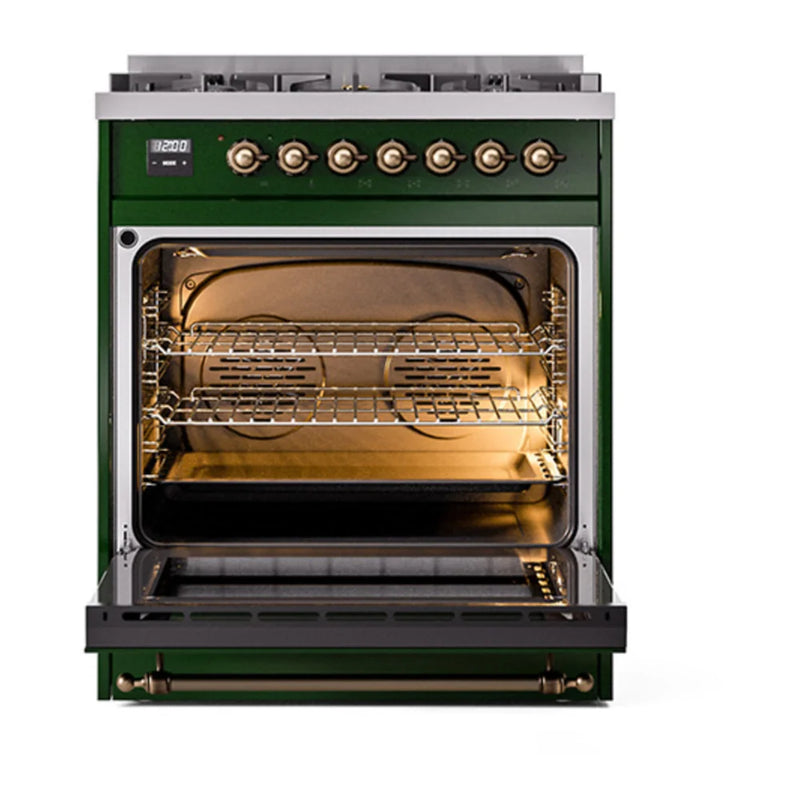 ILVE Nostalgie II Noblesse 30" Dual Fuel Freestanding Range in Emerald Green with Burnished Trim, UN30NMPEGBLP