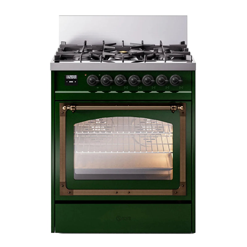 ILVE Nostalgie II Noblesse 30" Dual Fuel Freestanding Range in Emerald Green with Burnished Trim, UN30NMPEGB