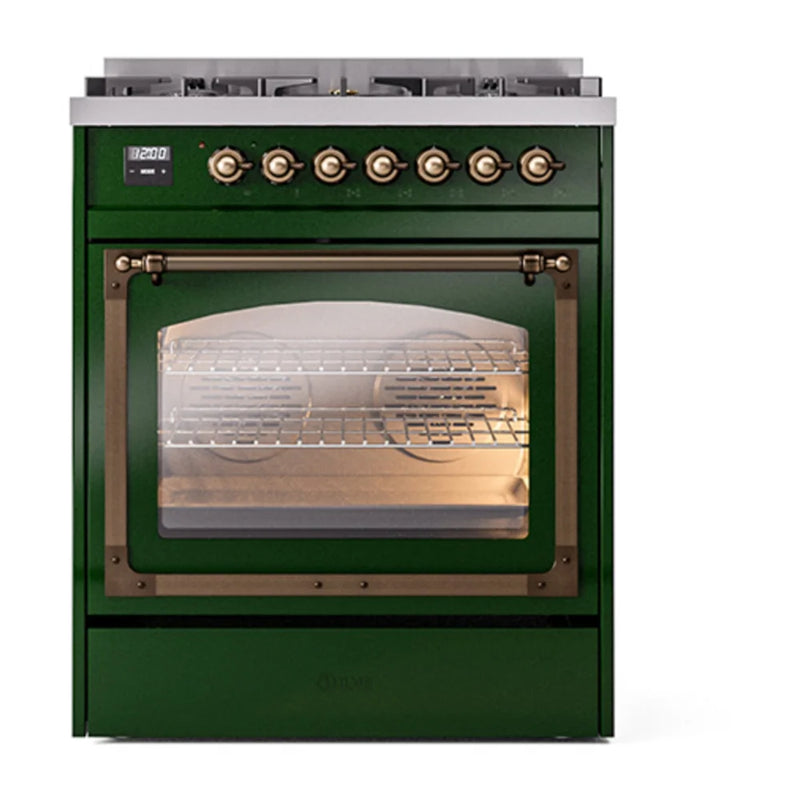 ILVE Nostalgie II Noblesse 30" Dual Fuel Freestanding Range in Emerald Green with Burnished Trim, UN30NMPEGB