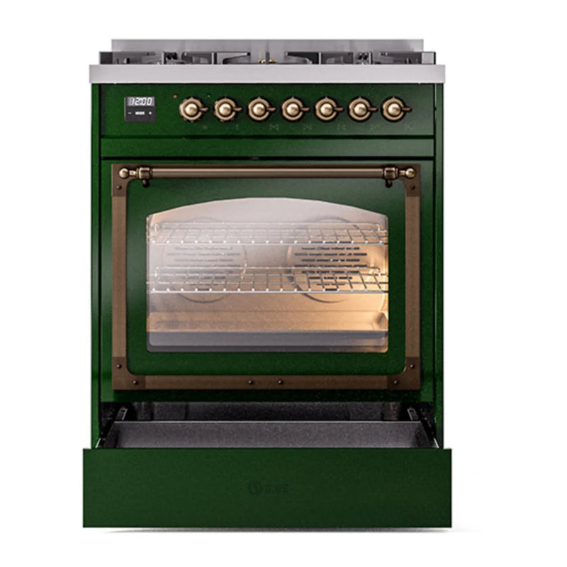 ILVE Nostalgie II Noblesse 30" Dual Fuel Freestanding Range in Emerald Green with Burnished Trim, UN30NMPEGB