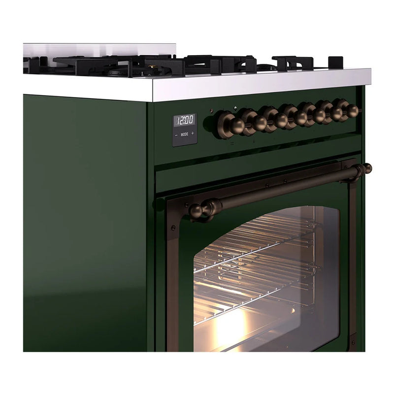 ILVE Nostalgie II Noblesse 30" Dual Fuel Freestanding Range in Emerald Green with Burnished Trim, UN30NMPEGB
