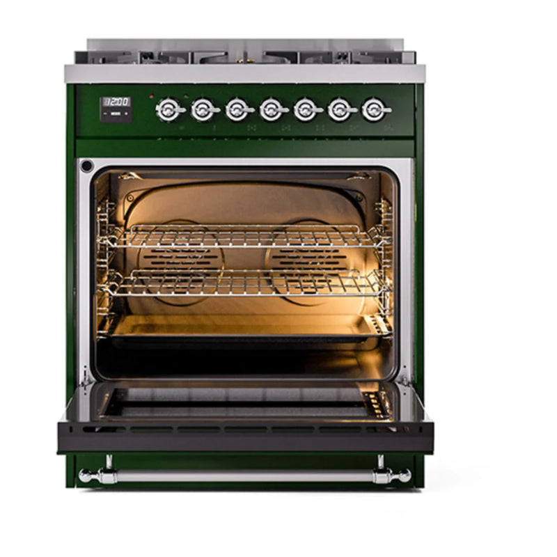 ILVE Nostalgie II Noblesse 30" Dual Fuel Freestanding Range in Emerald Green with Chrome Trim, UN30NMPEGCLP