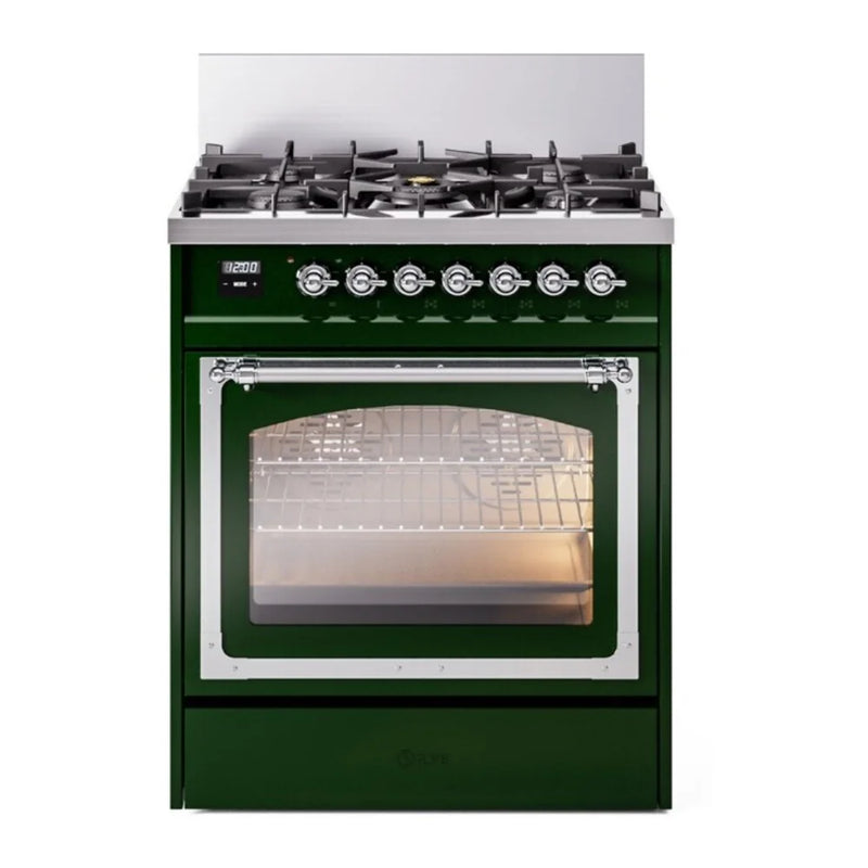 ILVE Nostalgie II Noblesse 30" Dual Fuel Freestanding Range in Emerald Green with Chrome Trim, UN30NMPEGC