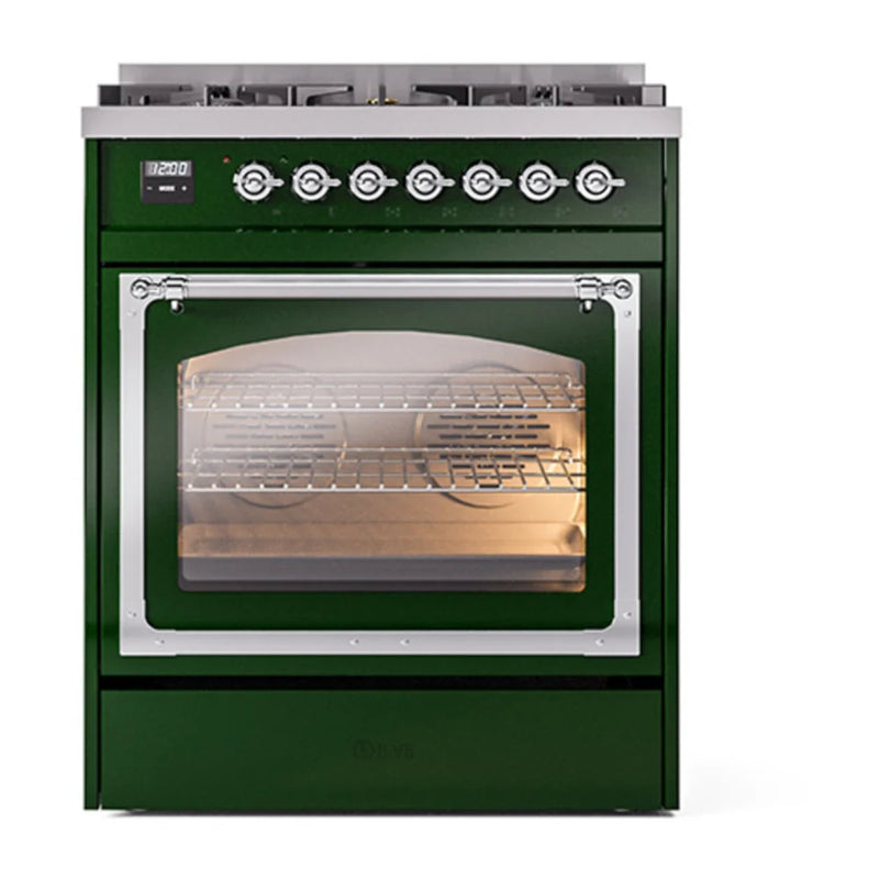 ILVE Nostalgie II Noblesse 30" Dual Fuel Freestanding Range in Emerald Green with Chrome Trim, UN30NMPEGC