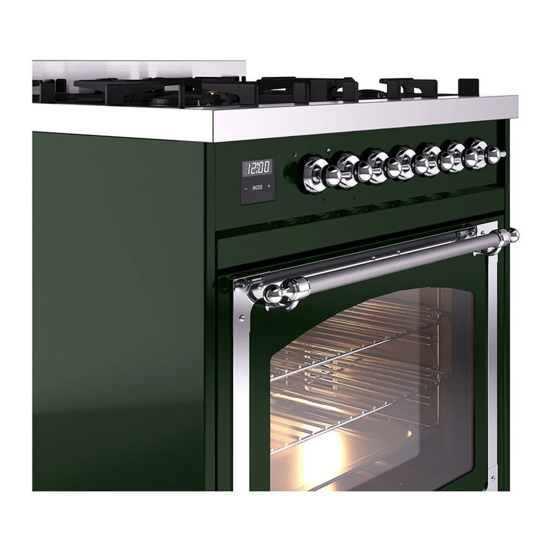 ILVE Nostalgie II Noblesse 30" Dual Fuel Freestanding Range in Emerald Green with Chrome Trim, UN30NMPEGC