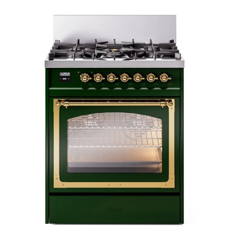 ILVE Nostalgie II Noblesse 30" Dual Fuel Freestanding Range in Emerald Green with Brass Trim, UN30NMPEGGLP