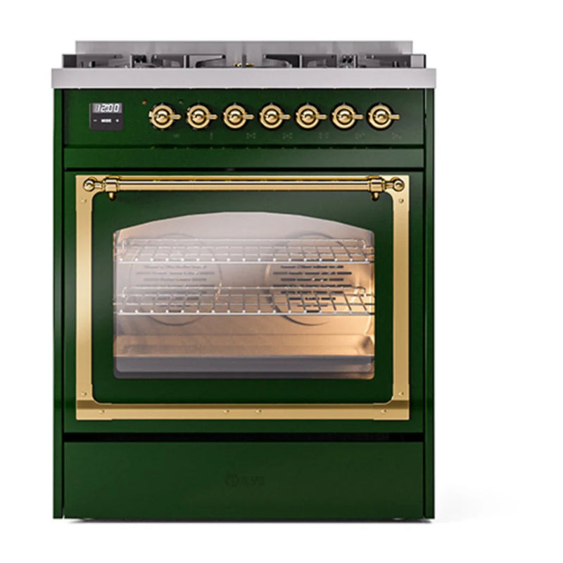 ILVE Nostalgie II Noblesse 30" Dual Fuel Freestanding Range in Emerald Green with Brass Trim, UN30NMPEGGLP