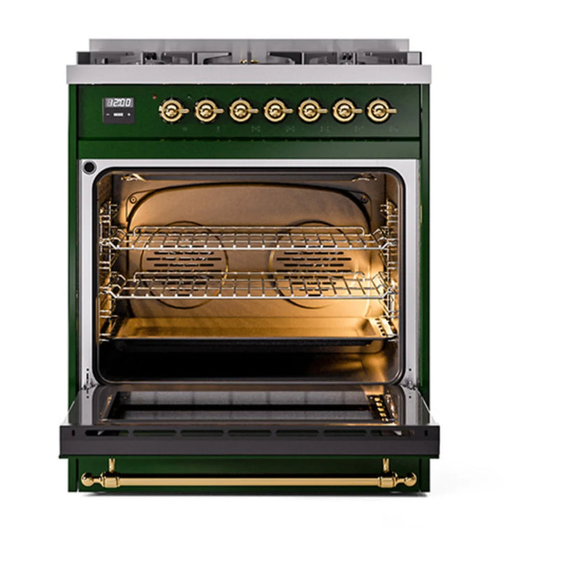 ILVE Nostalgie II Noblesse 30" Dual Fuel Freestanding Range in Emerald Green with Brass Trim, UN30NMPEGGLP