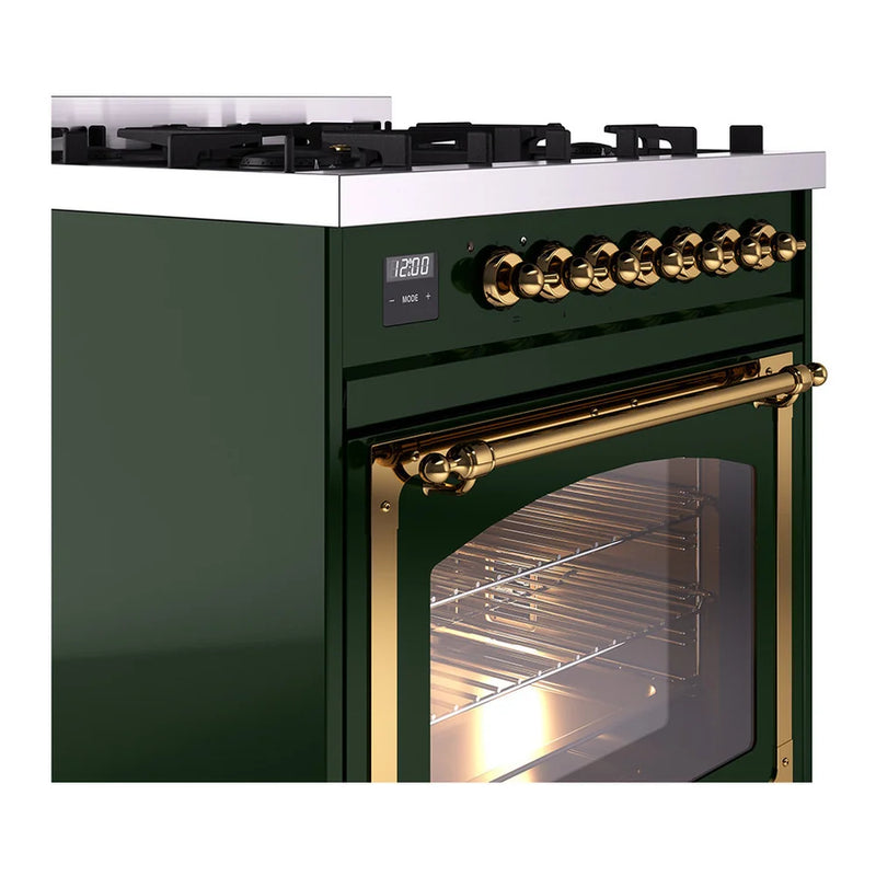 ILVE Nostalgie II Noblesse 30" Dual Fuel Freestanding Range in Emerald Green with Brass Trim, UN30NMPEGGLP