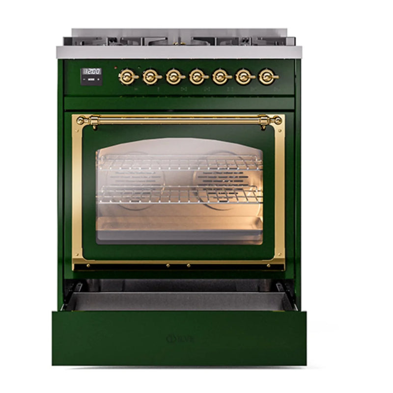 ILVE Nostalgie II Noblesse 30" Dual Fuel Freestanding Range in Emerald Green with Brass Trim, UN30NMPEGG