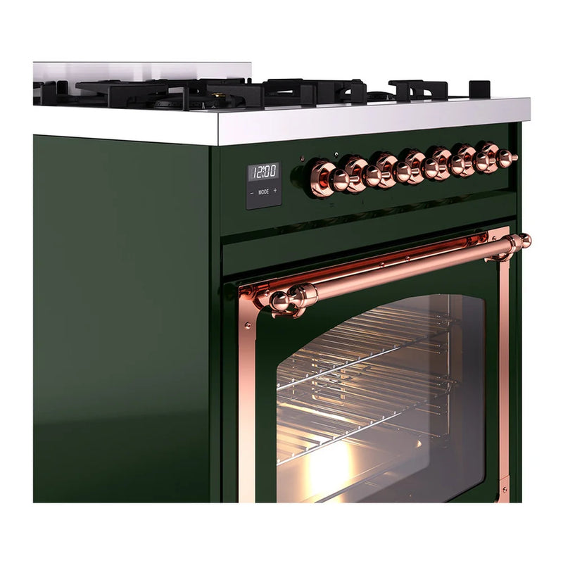 ILVE Nostalgie II Noblesse 30" Dual Fuel Freestanding Range in Emerald Green with Copper Trim, UN30NMPEGPLP