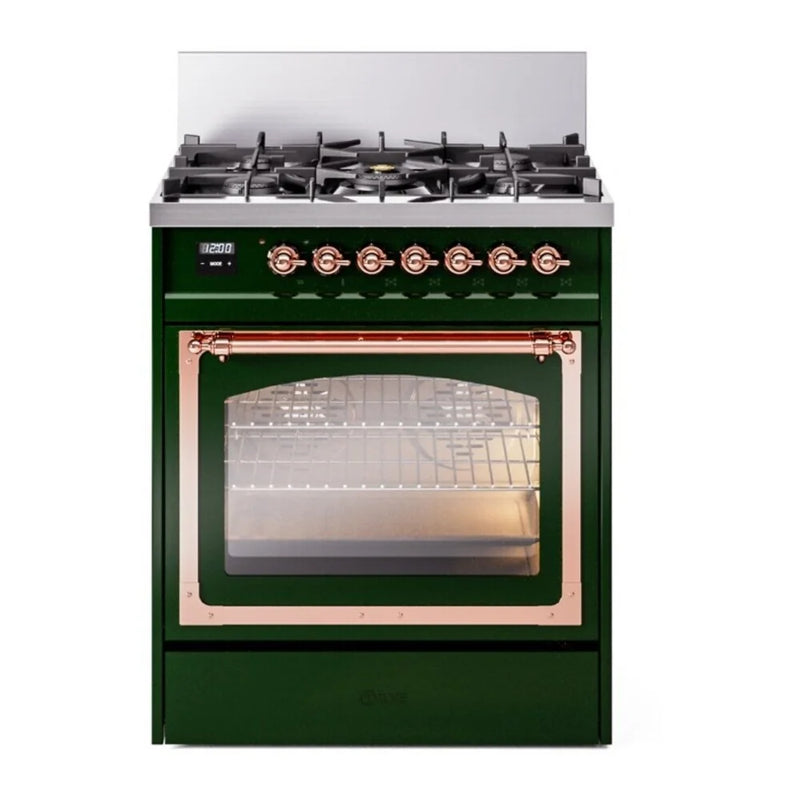ILVE Nostalgie II Noblesse 30" Dual Fuel Freestanding Range in Emerald Green with Copper Trim, UN30NMPEGP