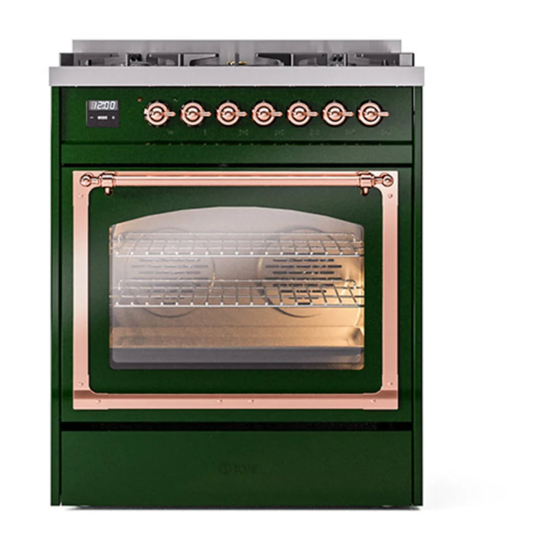 ILVE Nostalgie II Noblesse 30" Dual Fuel Freestanding Range in Emerald Green with Copper Trim, UN30NMPEGP