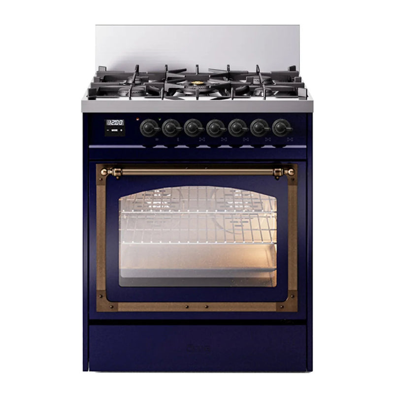 ILVE Nostalgie II Noblesse 30" Dual Fuel Freestanding Range in Midnight Blue with Burnished Trim, UN30NMPMBBLP