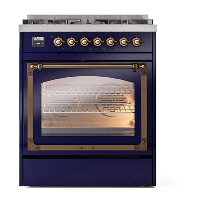 ILVE Nostalgie II Noblesse 30" Dual Fuel Freestanding Range in Midnight Blue with Burnished Trim, UN30NMPMBBLP