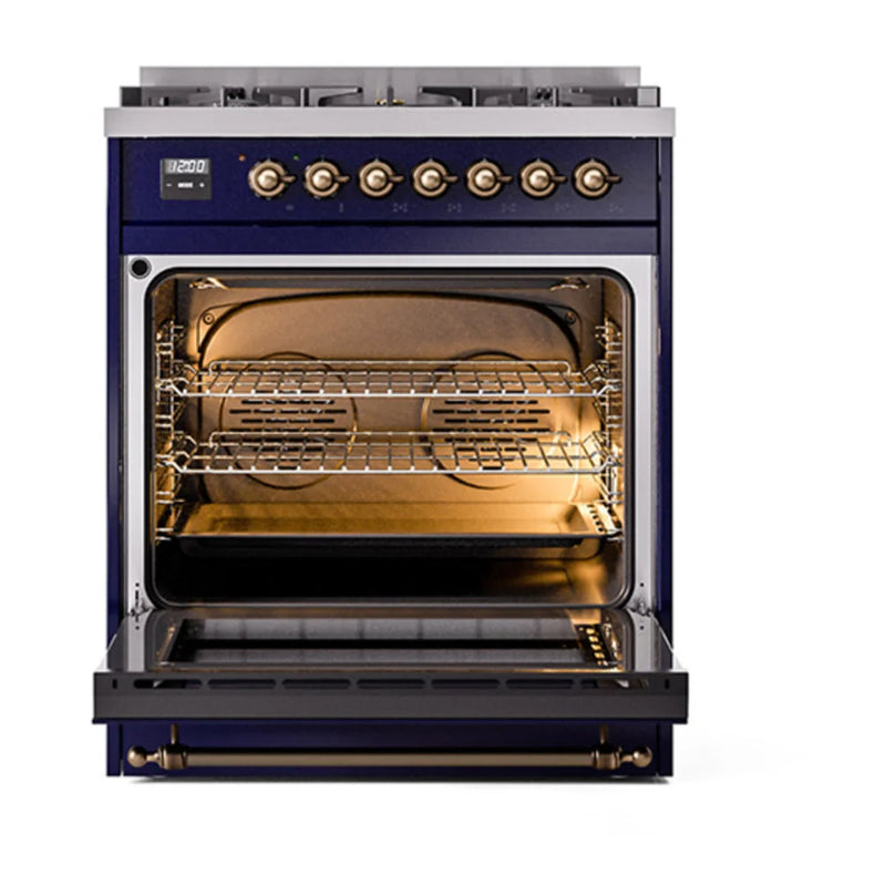 ILVE Nostalgie II Noblesse 30" Dual Fuel Freestanding Range in Midnight Blue with Burnished Trim, UN30NMPMBBLP