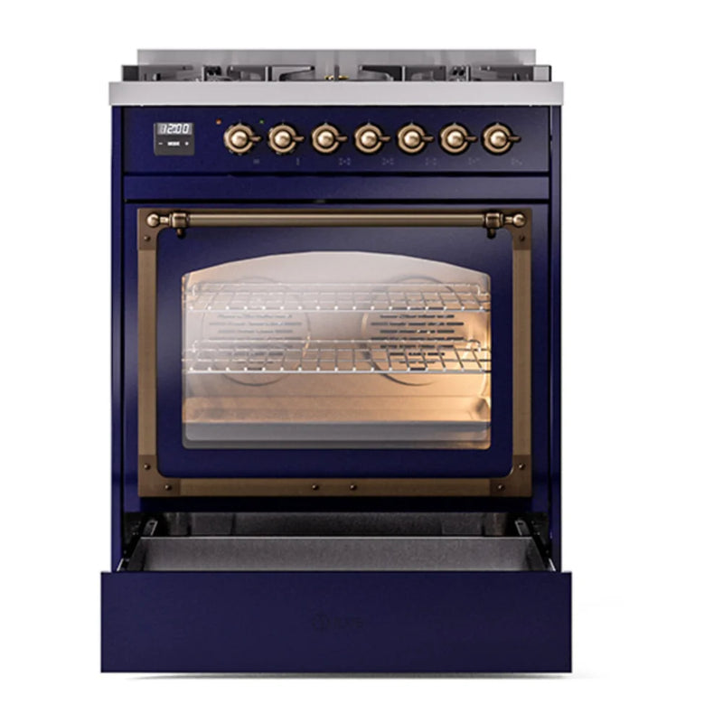 ILVE Nostalgie II Noblesse 30" Dual Fuel Freestanding Range in Midnight Blue with Burnished Trim, UN30NMPMBB