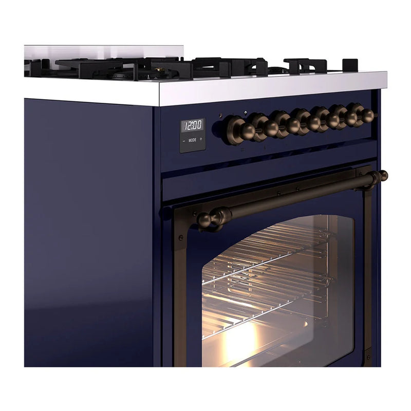 ILVE Nostalgie II Noblesse 30" Dual Fuel Freestanding Range in Midnight Blue with Burnished Trim, UN30NMPMBB