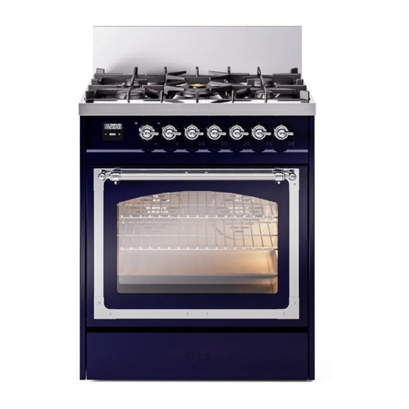 ILVE Nostalgie II Noblesse 30" Dual Fuel Freestanding Range in Midnight Blue with Chrome Trim, UN30NMPMBCLP
