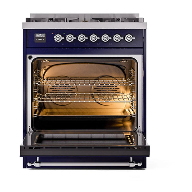 ILVE Nostalgie II Noblesse 30" Dual Fuel Freestanding Range in Midnight Blue with Chrome Trim, UN30NMPMBCLP