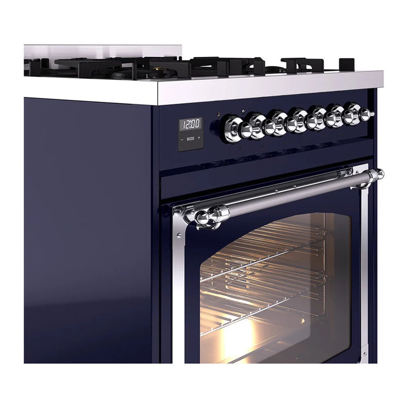 ILVE Nostalgie II Noblesse 30" Dual Fuel Freestanding Range in Midnight Blue with Chrome Trim, UN30NMPMBCLP