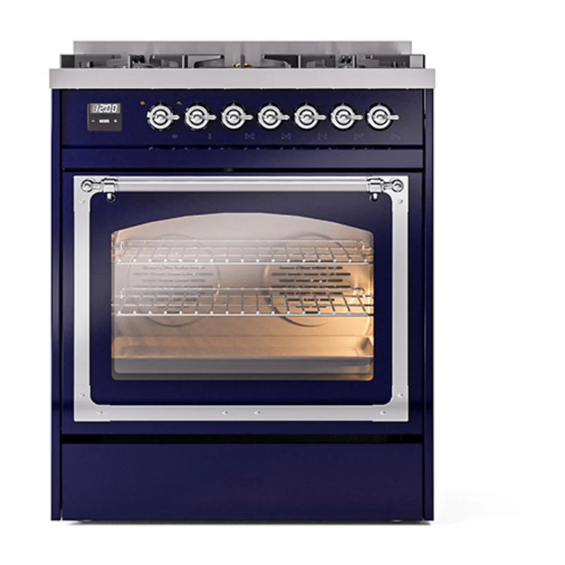ILVE Nostalgie II Noblesse 30" Dual Fuel Freestanding Range in Midnight Blue with Chrome Trim, UN30NMPMBC