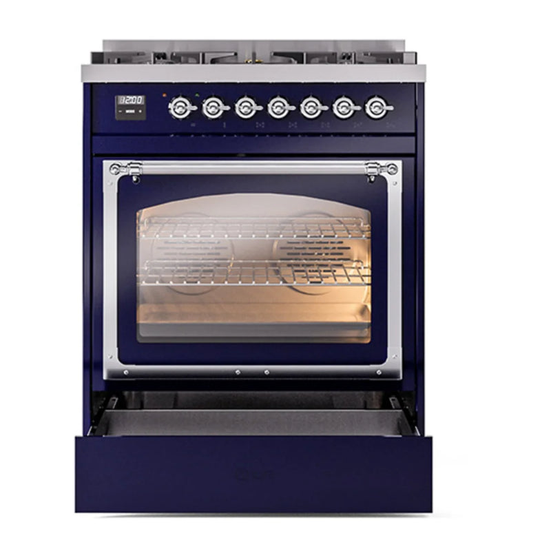 ILVE Nostalgie II Noblesse 30" Dual Fuel Freestanding Range in Midnight Blue with Chrome Trim, UN30NMPMBC