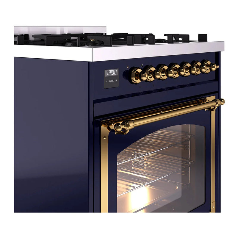ILVE Nostalgie II Noblesse 30" Dual Fuel Freestanding Range in Midnight Blue with Brass Trim, UN30NMPMBGLP