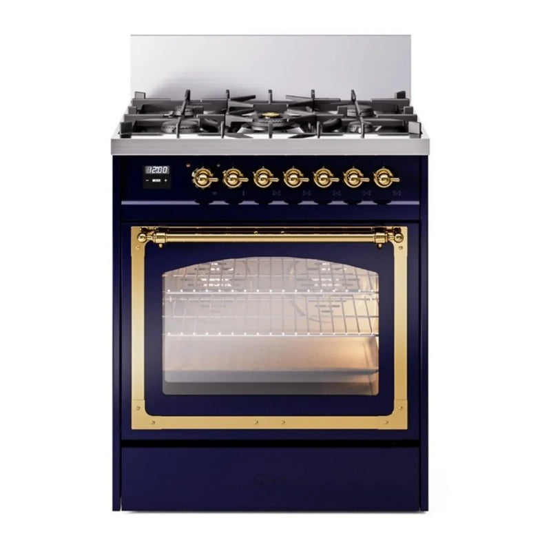 ILVE Nostalgie II Noblesse 30" Dual Fuel Freestanding Range in Midnight Blue with Brass Trim, UN30NMPMBG