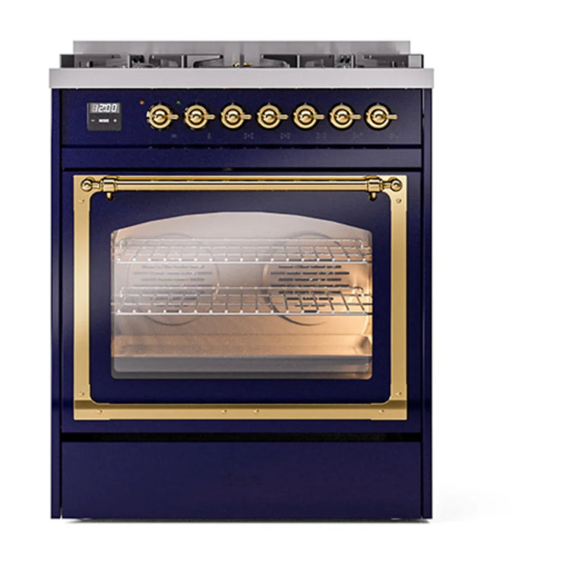 ILVE Nostalgie II Noblesse 30" Dual Fuel Freestanding Range in Midnight Blue with Brass Trim, UN30NMPMBG