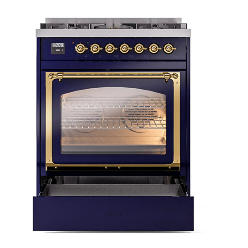 ILVE Nostalgie II Noblesse 30" Dual Fuel Freestanding Range in Midnight Blue with Brass Trim, UN30NMPMBG
