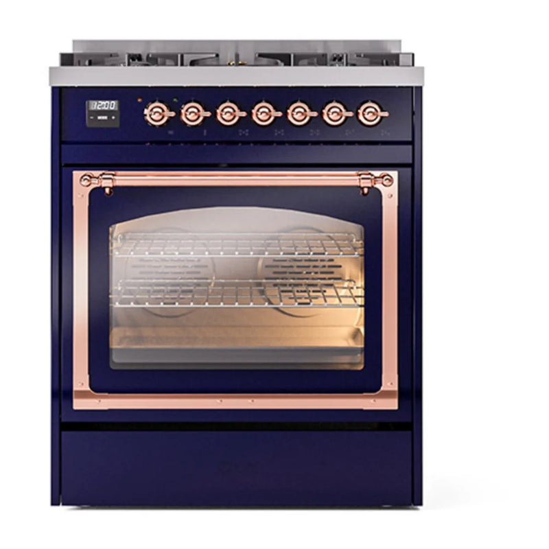 ILVE Nostalgie II Noblesse 30" Dual Fuel Freestanding Range in Midnight Blue with Copper Trim, UN30NMPMBPLP