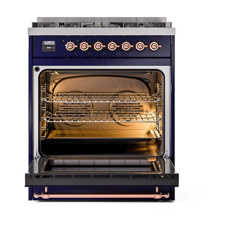 ILVE Nostalgie II Noblesse 30" Dual Fuel Freestanding Range in Midnight Blue with Copper Trim, UN30NMPMBPLP