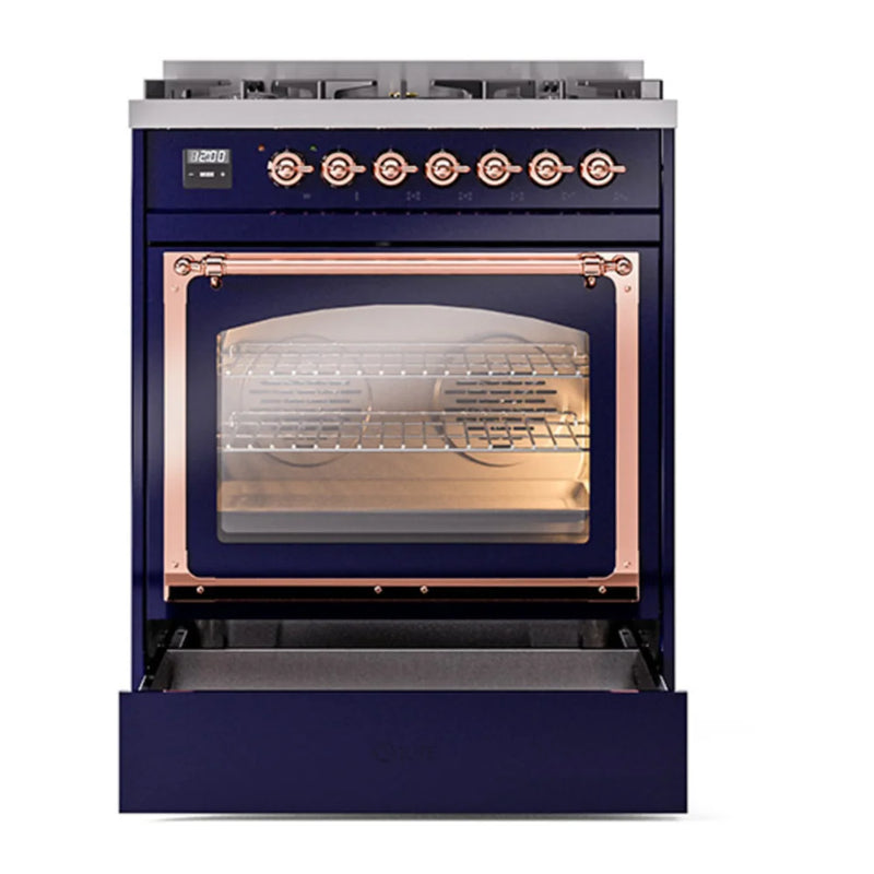 ILVE Nostalgie II Noblesse 30" Dual Fuel Freestanding Range in Midnight Blue with Copper Trim, UN30NMPMBPLP