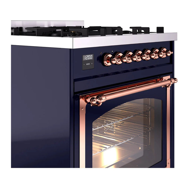 ILVE Nostalgie II Noblesse 30" Dual Fuel Freestanding Range in Midnight Blue with Copper Trim, UN30NMPMBP
