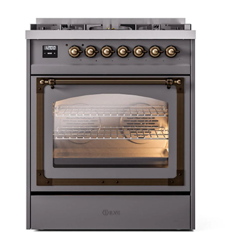 ILVE Nostalgie II Noblesse 30" Dual Fuel Freestanding Range in Graphite Matte with Burnished Trim, UN30NMPMGBLP