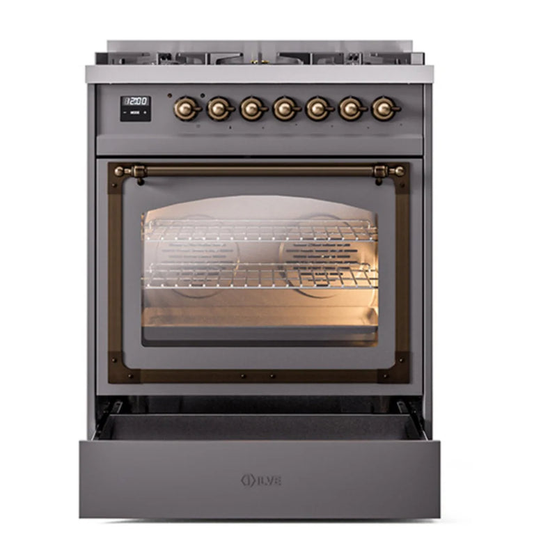 ILVE Nostalgie II Noblesse 30" Dual Fuel Freestanding Range in Graphite Matte with Burnished Trim, UN30NMPMGBLP